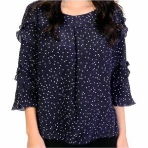 Anthropologie Maeve Navy Ruffled Polka Dot Silk Blouse